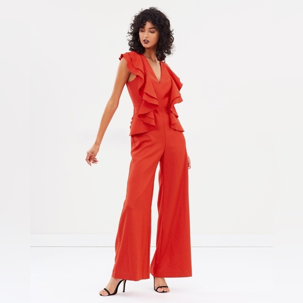 Anthropologie Red Ruffle Jumpsuit sz L